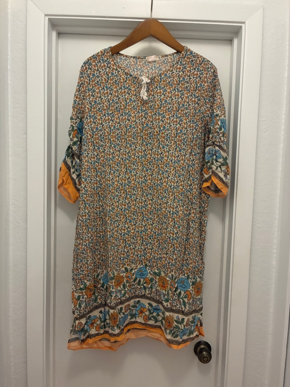 Bohemian Floral Shift Dress in Mustard & Teal